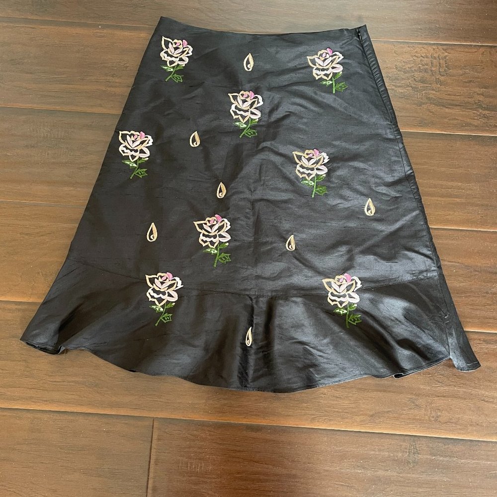 Anthropologie Odille Black Floral Silk Skirt (Size 2)